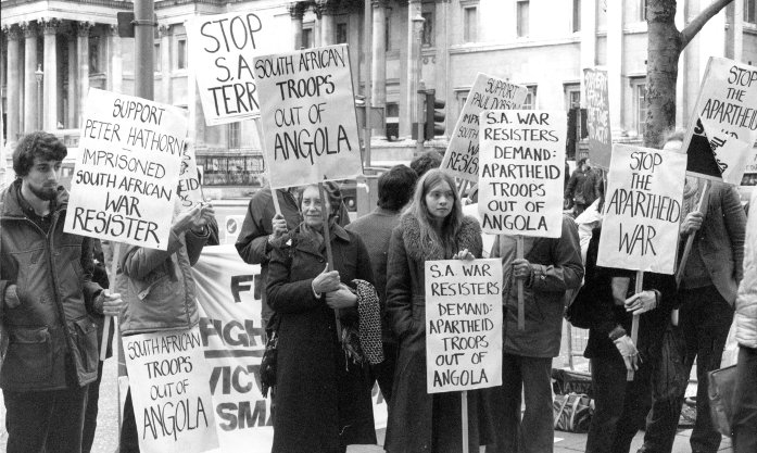South African war resisters in Britain protesting against South Africa’s military offensive against Angola in 1984