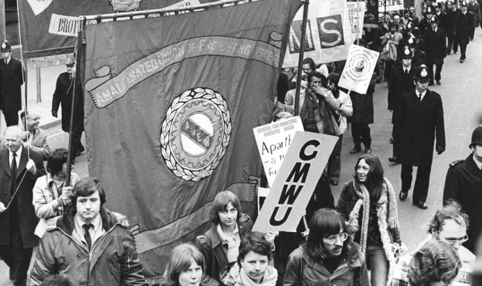 Trade union banners on a march to Trafalgar Square